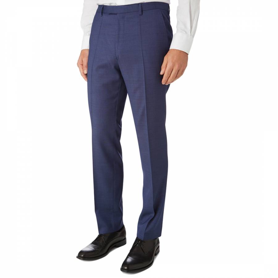 Blue Textured Lenon Classic Fit Trousers - BrandAlley
