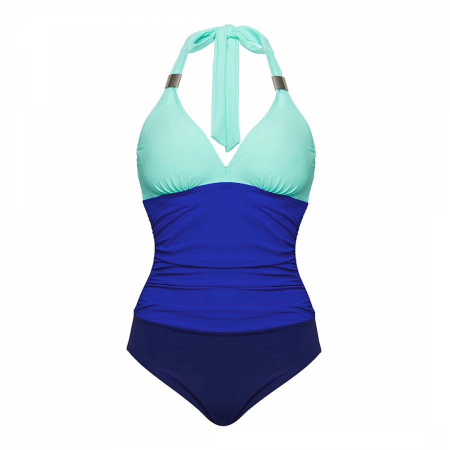 Blue Colourblock Halter Swimsuit - BrandAlley