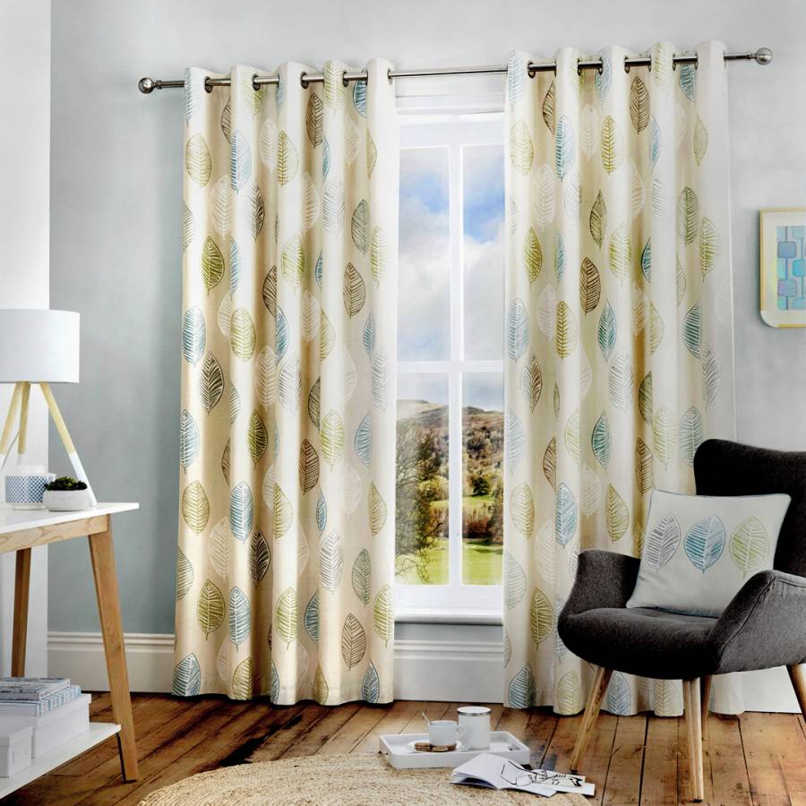 Skandi Leaf Teal Eyelet Curtains 229x168cm - BrandAlley