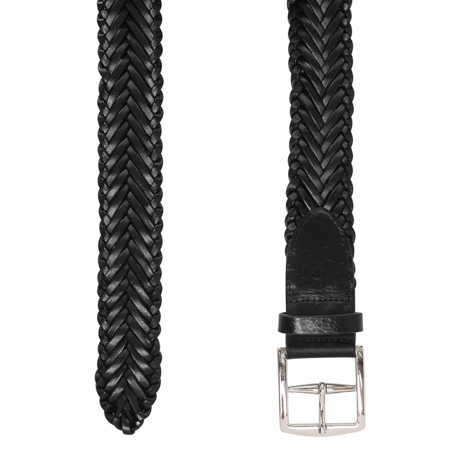 Men's Black Leather Plaited Belt - BrandAlley
