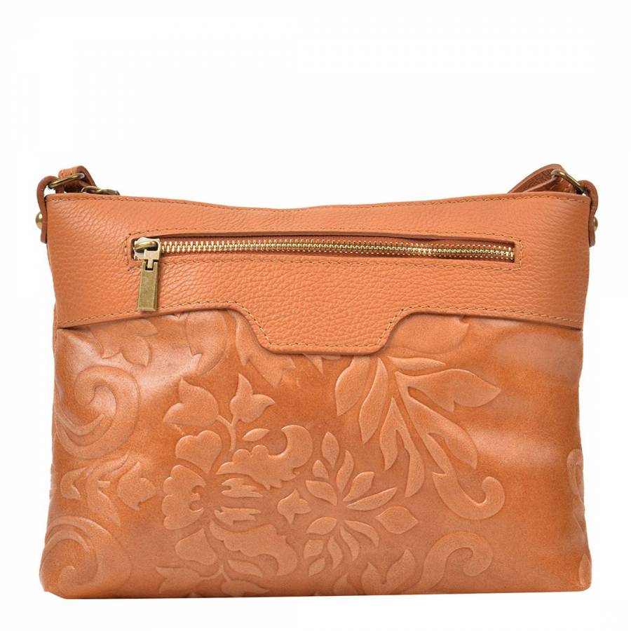 Tan Floral Design Leather Shoulder Bag - BrandAlley