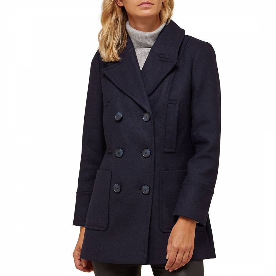 Navy Wool Blend Double-Breasted Pea Coat - BrandAlley