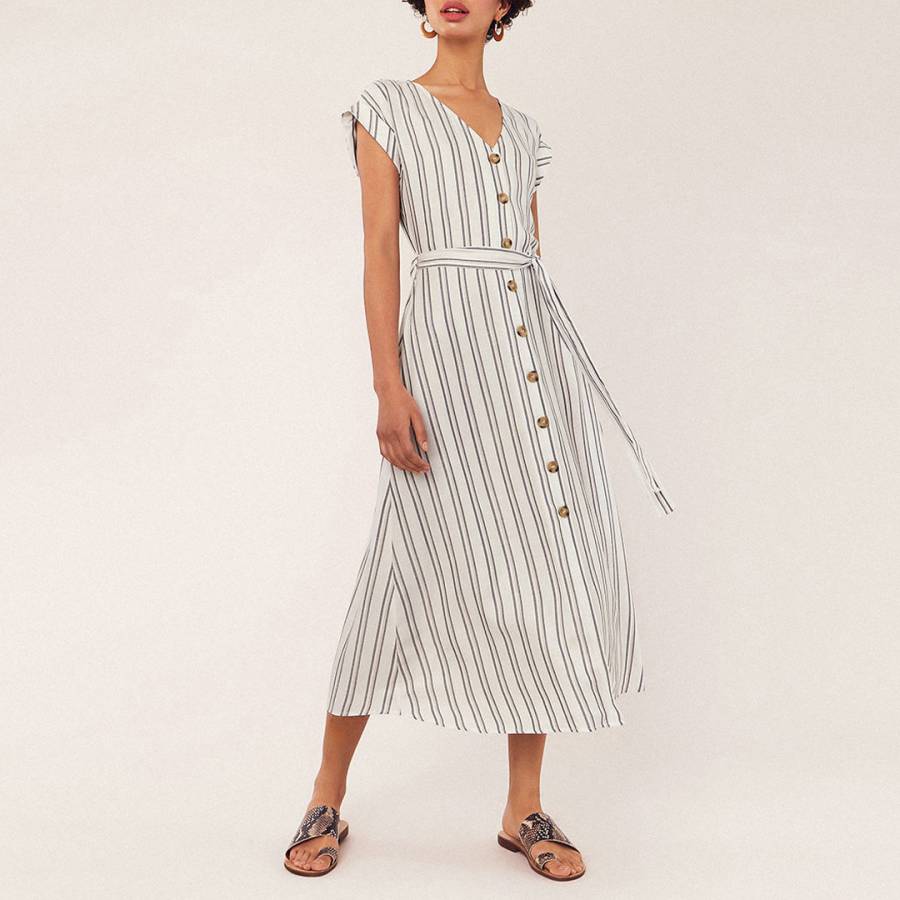 Off White/Blue Stripe Midi Dress - BrandAlley