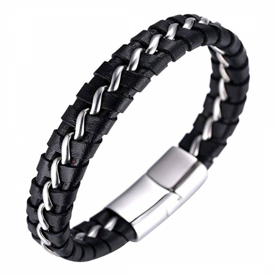 Silver Black Leather Woven Bracelet - BrandAlley