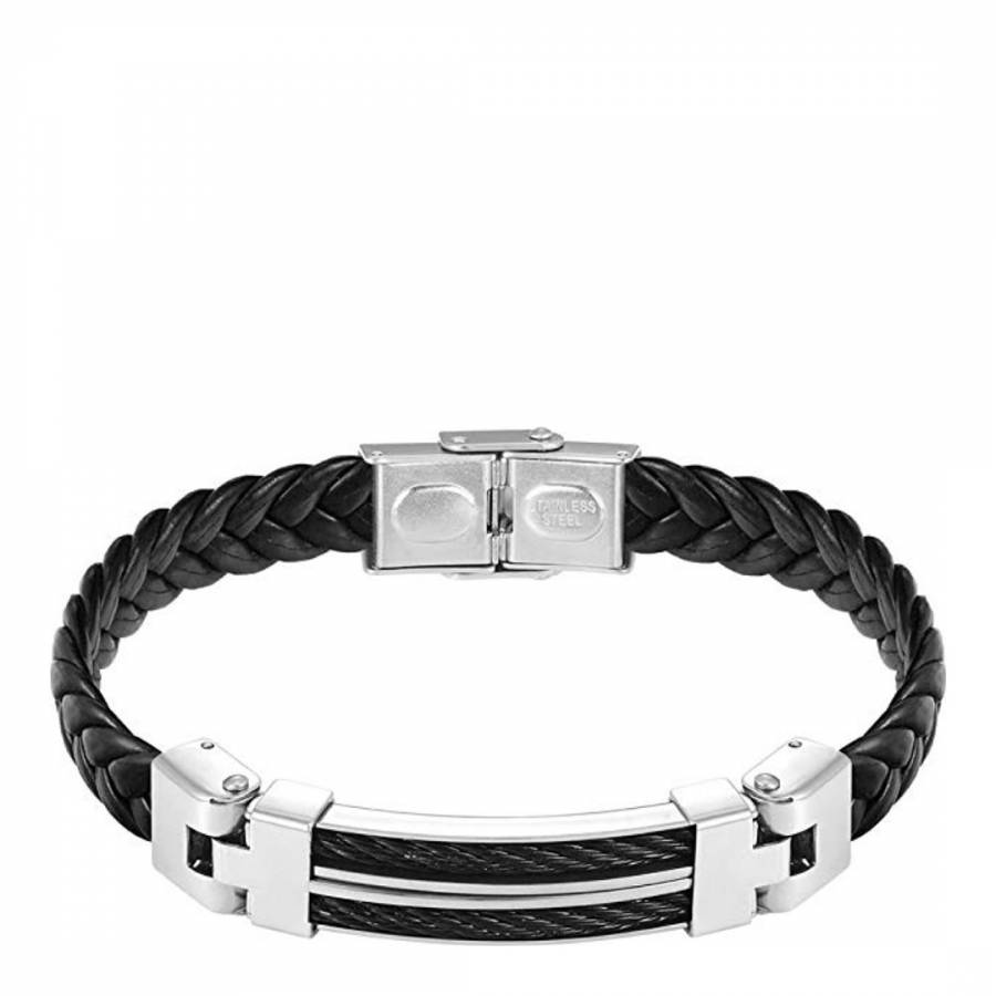 Silver Plated Black Leather Two Tone Bracelet - BrandAlley