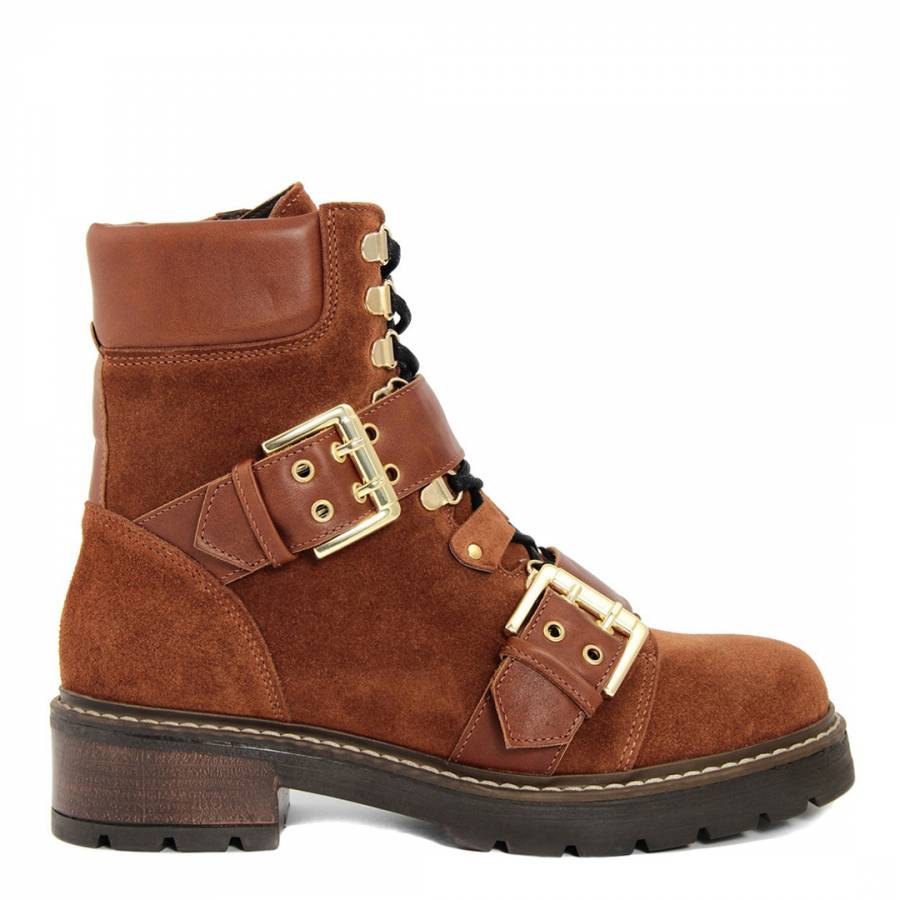 Brown Leather Double Buckle Biker Boot - BrandAlley