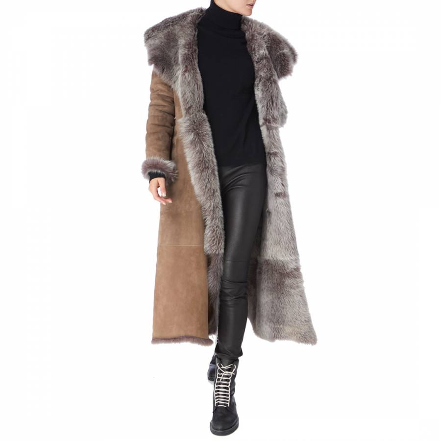 Taupe Waterfall Full Length With Hood Shearling Coat - BrandAlley
