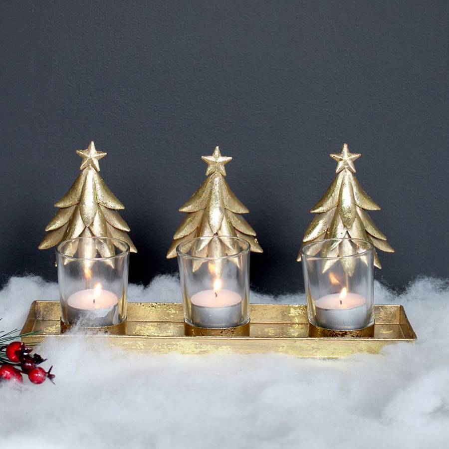 Gold Metal Christmas Tree Votive Set - BrandAlley