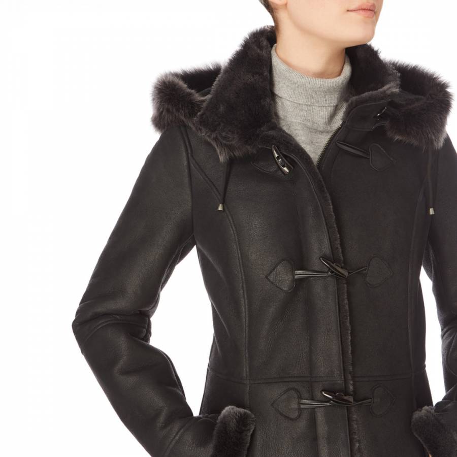 Black Hooded Ladies Sheepskin Duffle coat - BrandAlley