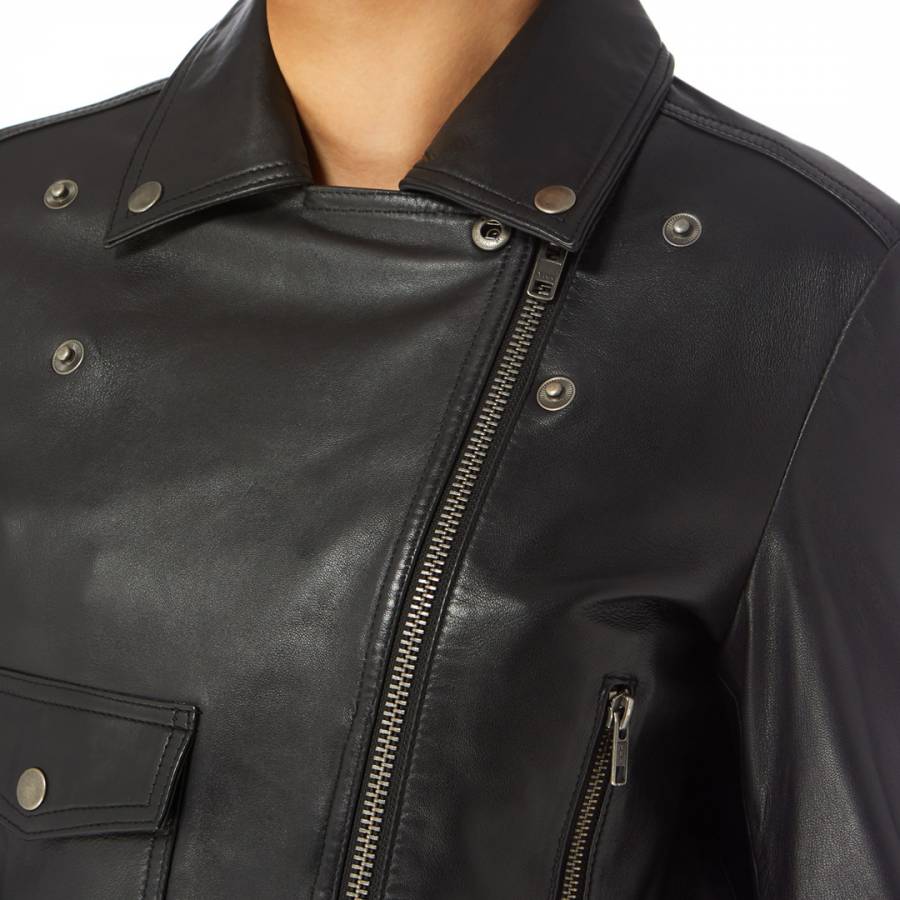 Black Classic Popper Leather Biker Jacket - BrandAlley