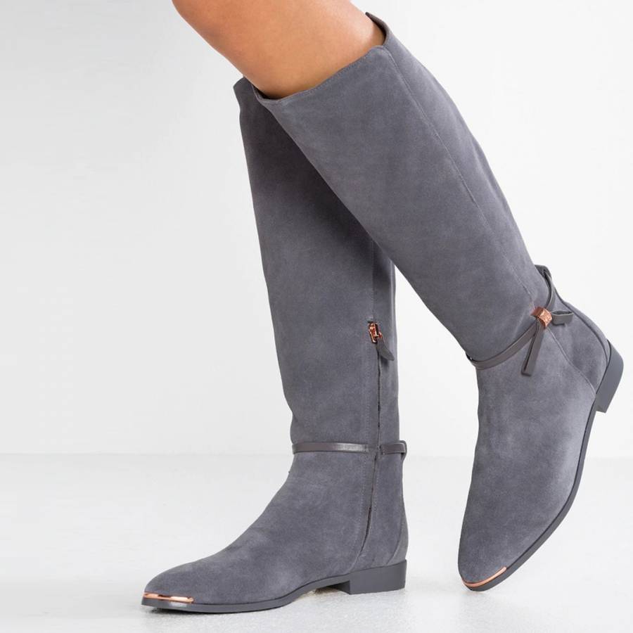 Grey Lykla Bow Detail Knee High Boots 