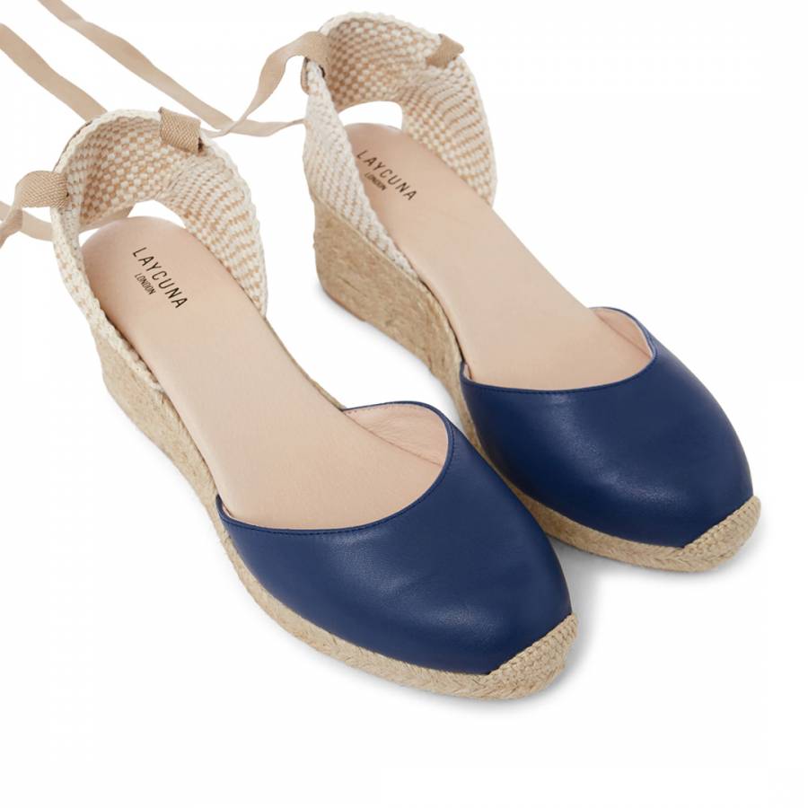 Navy Leather Low Wedge Spanish Espadrilles - BrandAlley