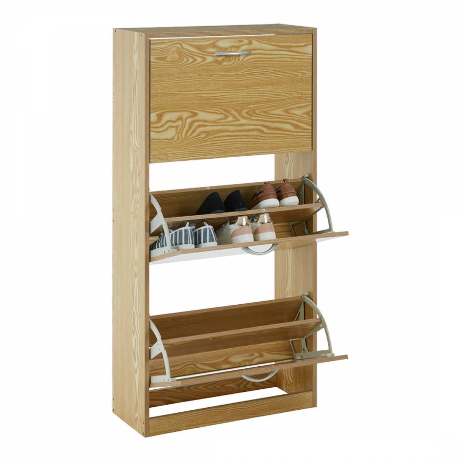 3 Tier Shoe Cabinet, Oak Wood - BrandAlley