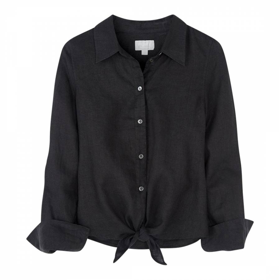 Black Linen Tie Hem Shirt - BrandAlley