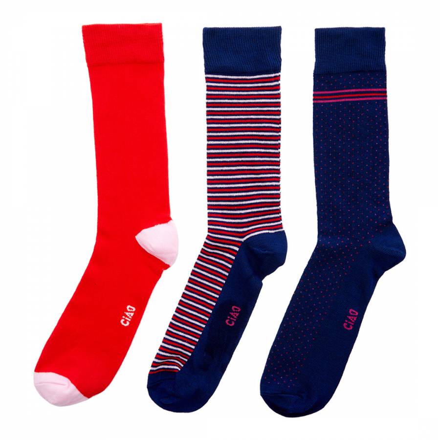 Blue/ Red/ White/ Pink 3 Pack Socks - BrandAlley