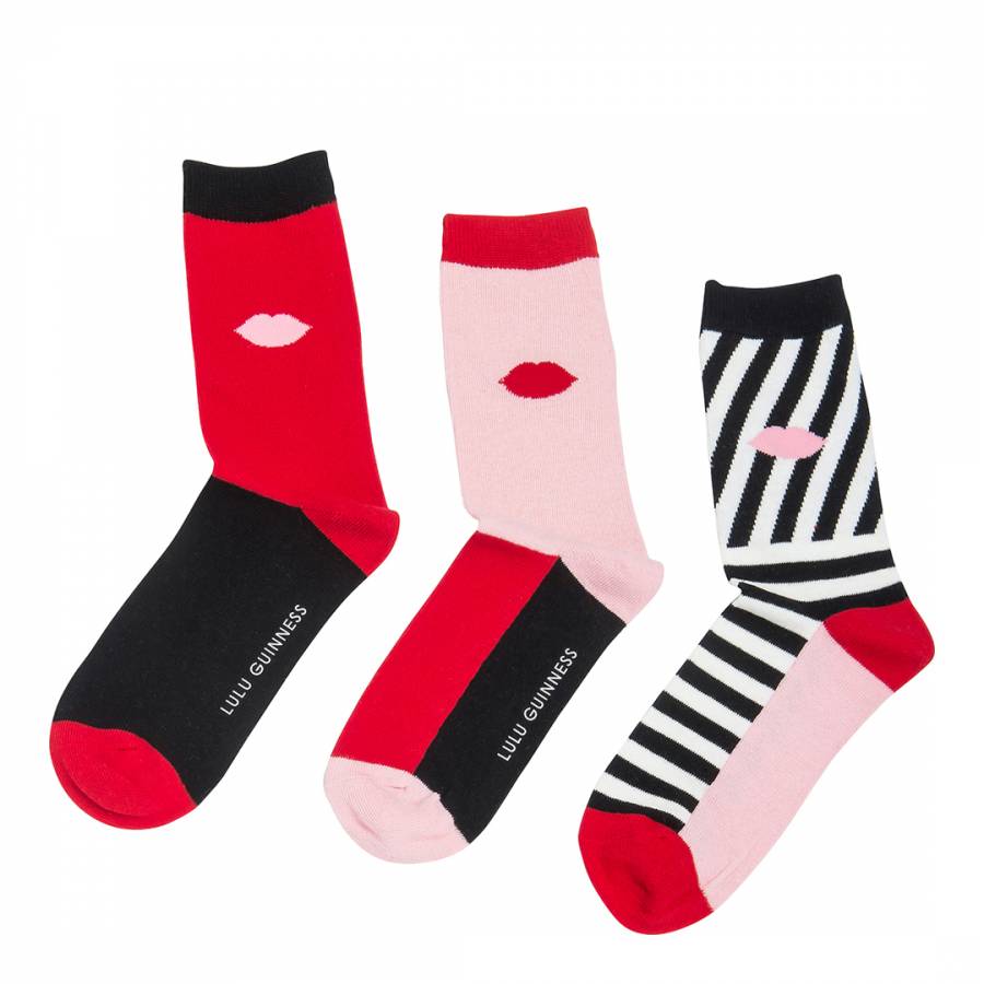Black/Red Horizontal Stripe 3 Pack Socks - BrandAlley