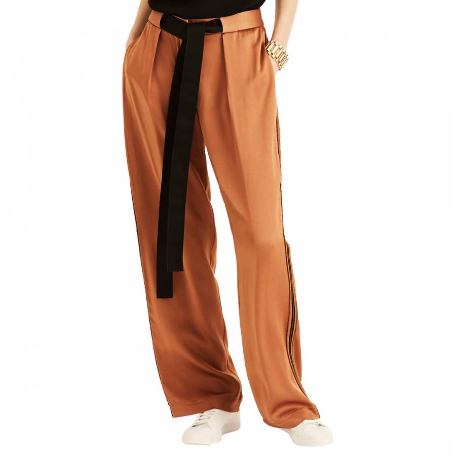 Tan Viscose Satin Relaxed Trousers - BrandAlley