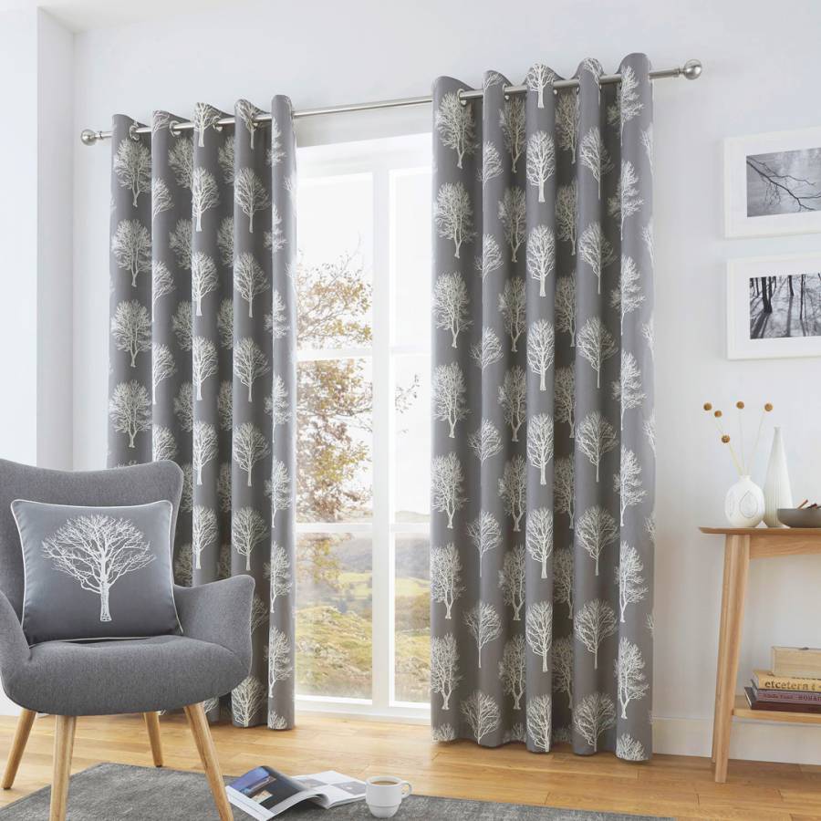 Charcoal Woodland Trees Pair of Eyelet Curtains 229x229cm - BrandAlley