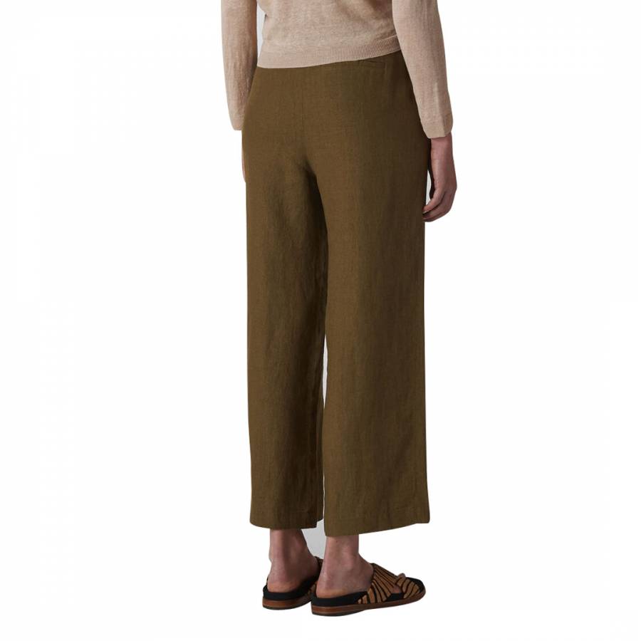 Khaki Cropped Wide Leg Linen Trousers - BrandAlley