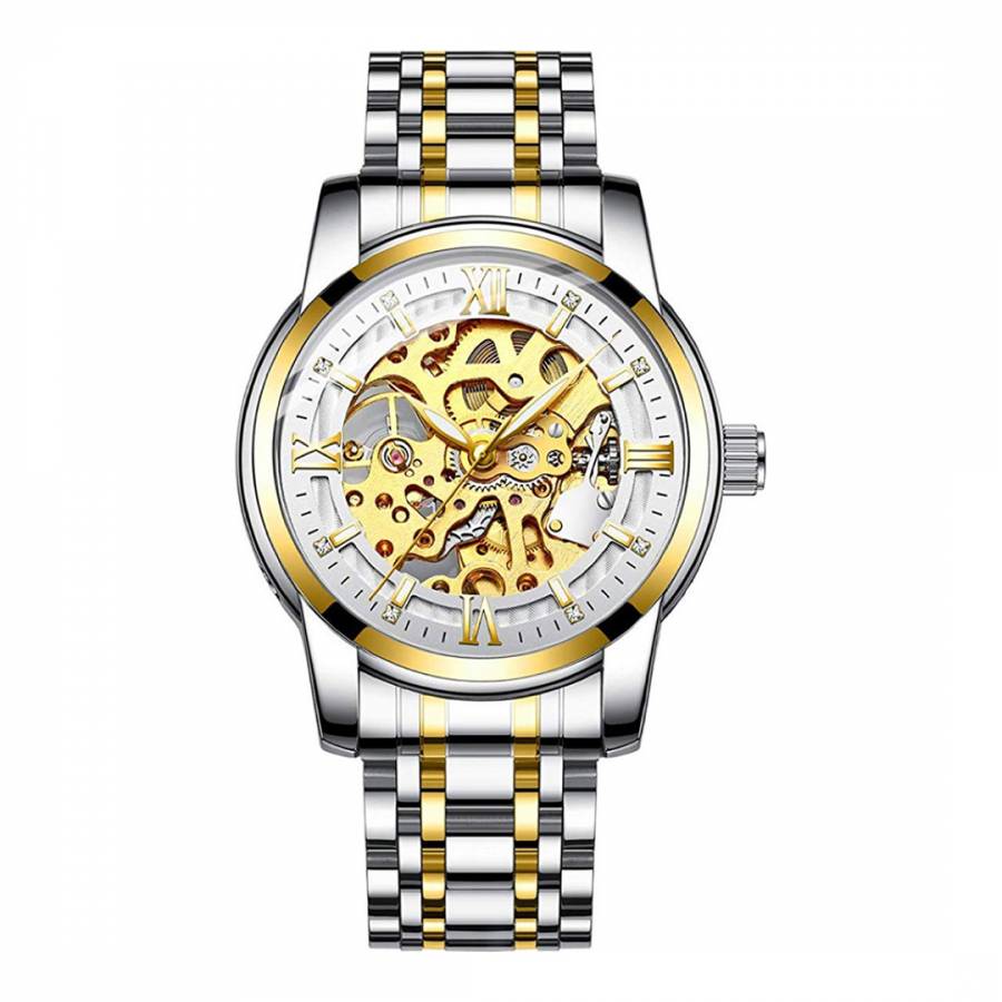 18K Gold White Dial Automatic Skeleton Watch - BrandAlley