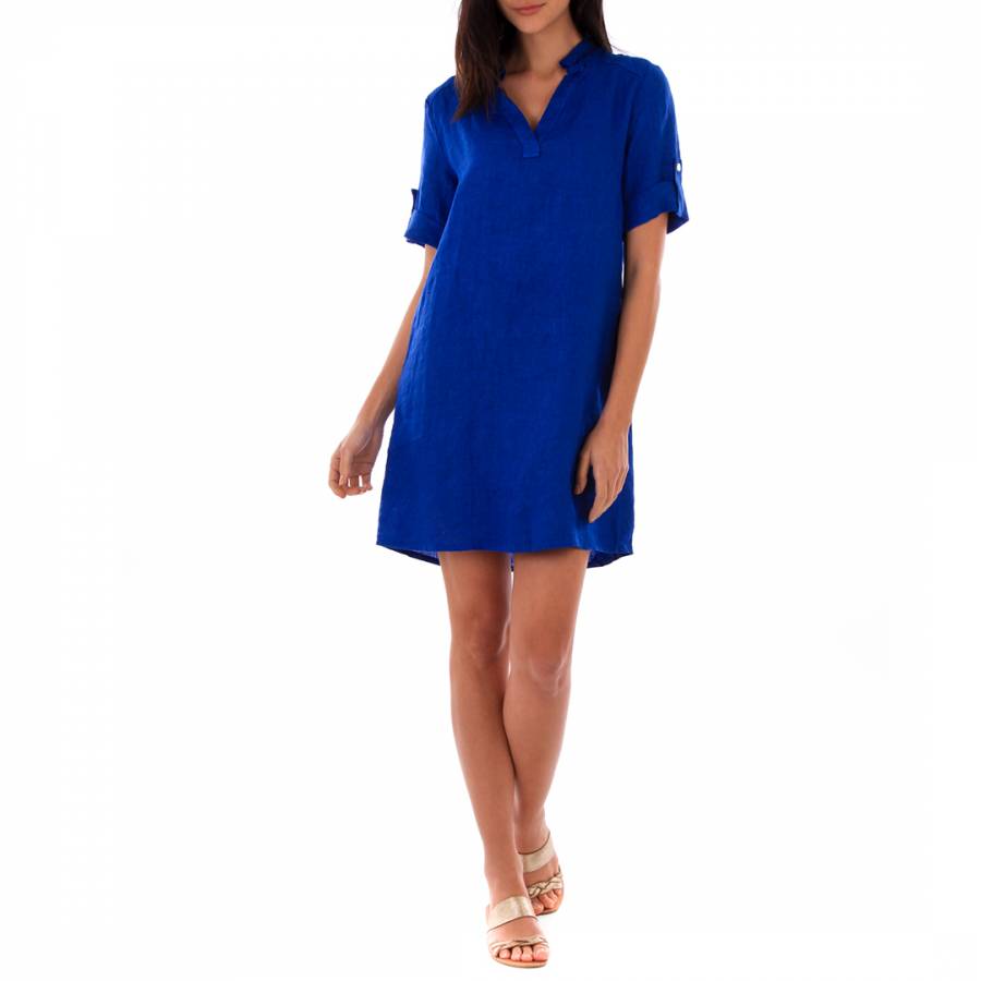 Royal Blue Rolled Sleeves Linen Dress - BrandAlley
