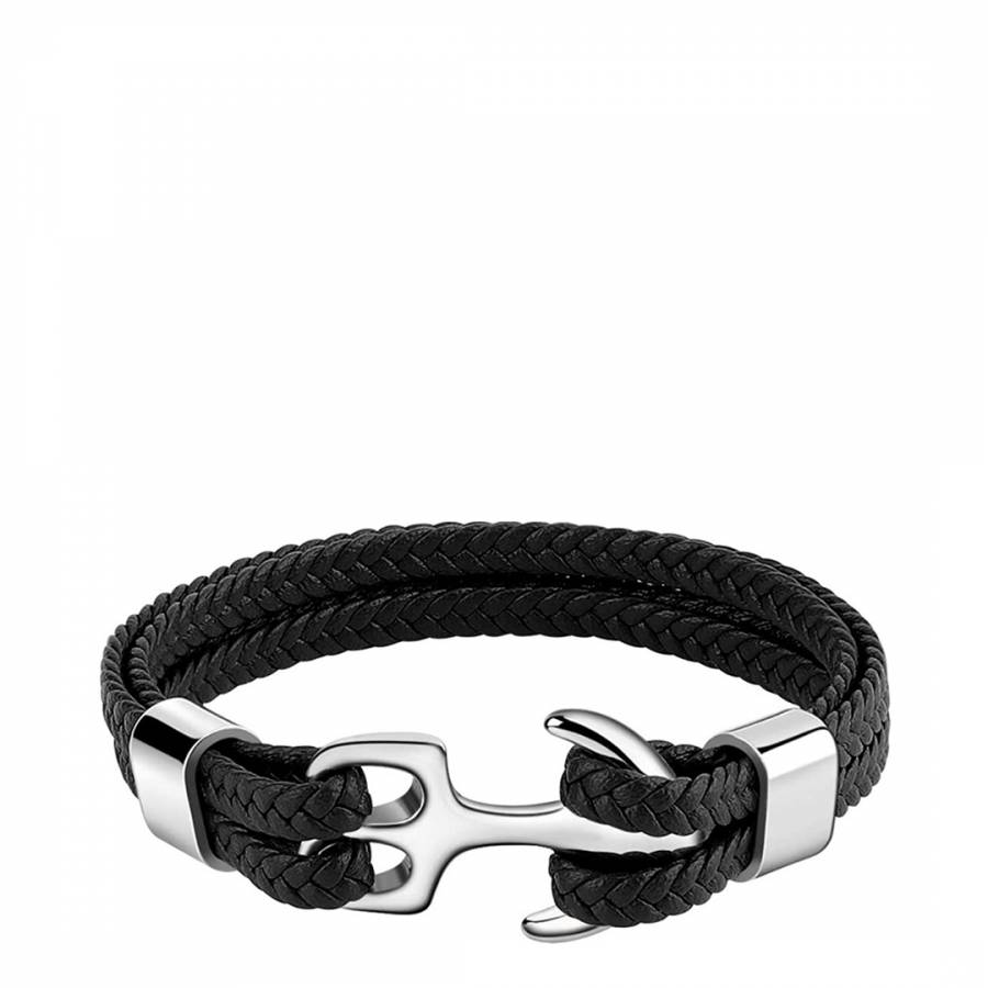 Silver Plated Anchor Black Leather Bracelet - BrandAlley
