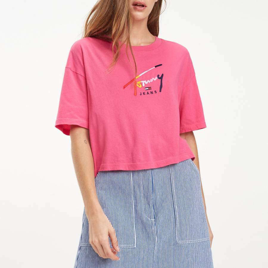 Pink Cropped Script Cotton T-Shirt - BrandAlley