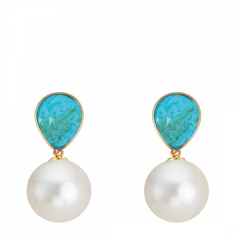 18K Gold Plated Turquoise & Pearl Drop Earrings - BrandAlley