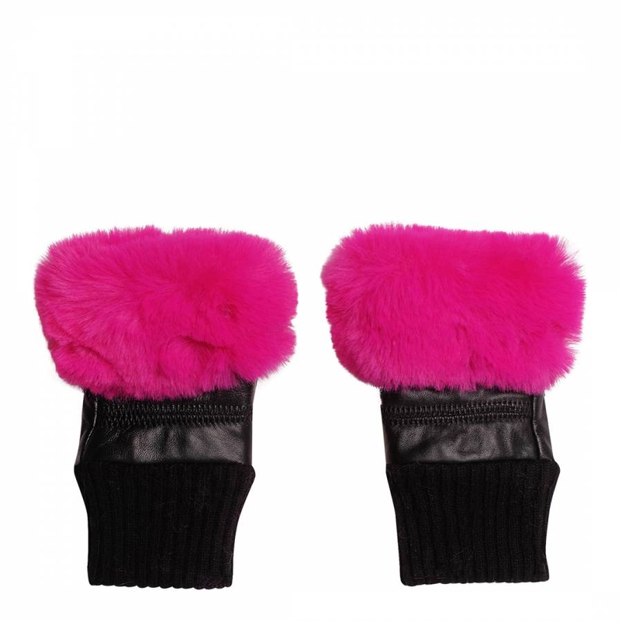 Black/Pink Leather Fingerless Gloves - BrandAlley