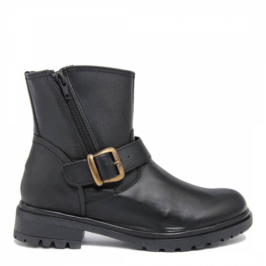 Black Gold Buckle Leather Long Ankle Boots - BrandAlley