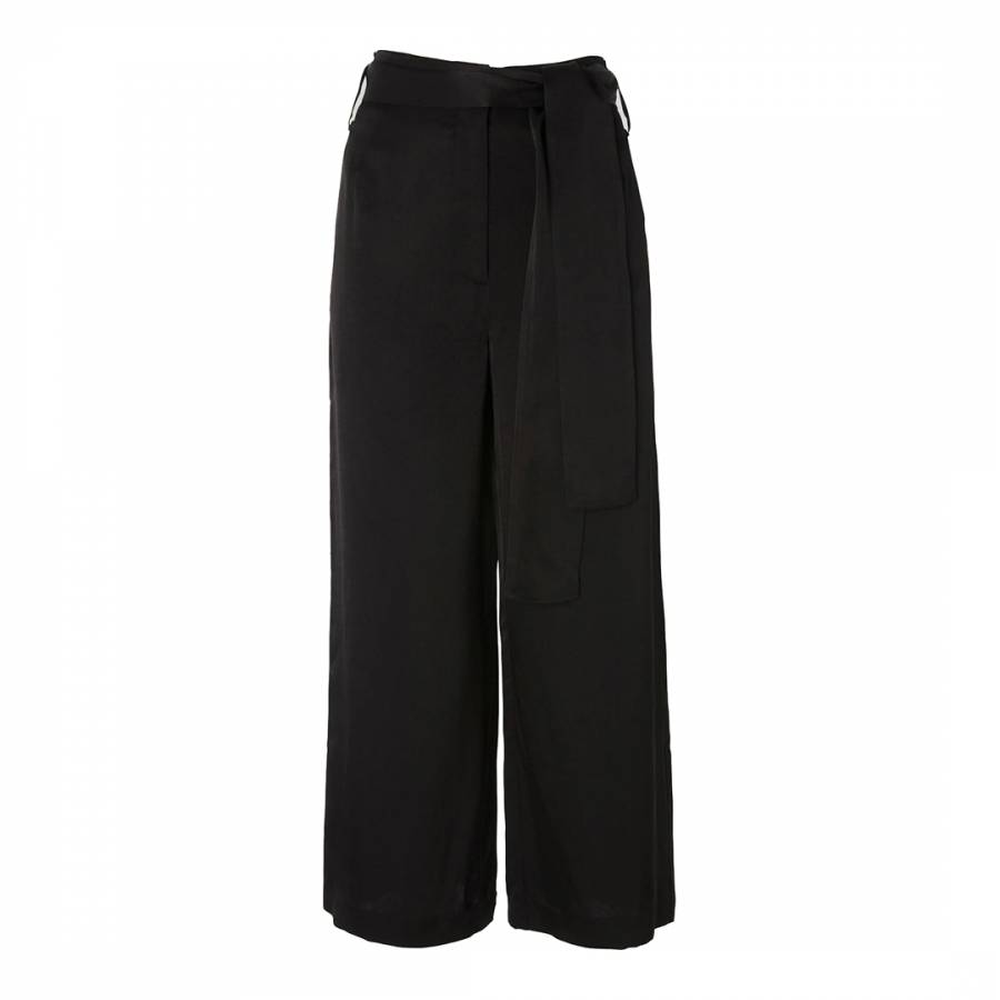 Black Satin Belted Wide Leg Trousers - BrandAlley