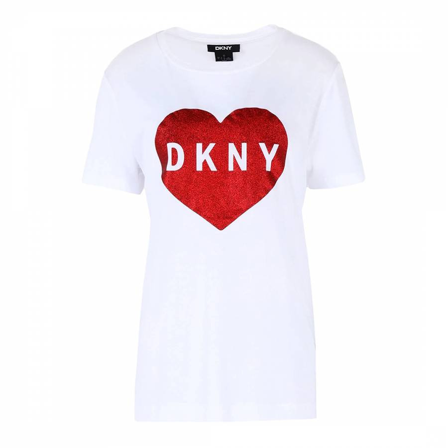 White/ Red Heart Glitter Logo T-Shirt - BrandAlley