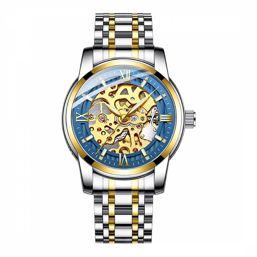 18K Gold/Blue Dial Automatic Skeleton Watch - BrandAlley
