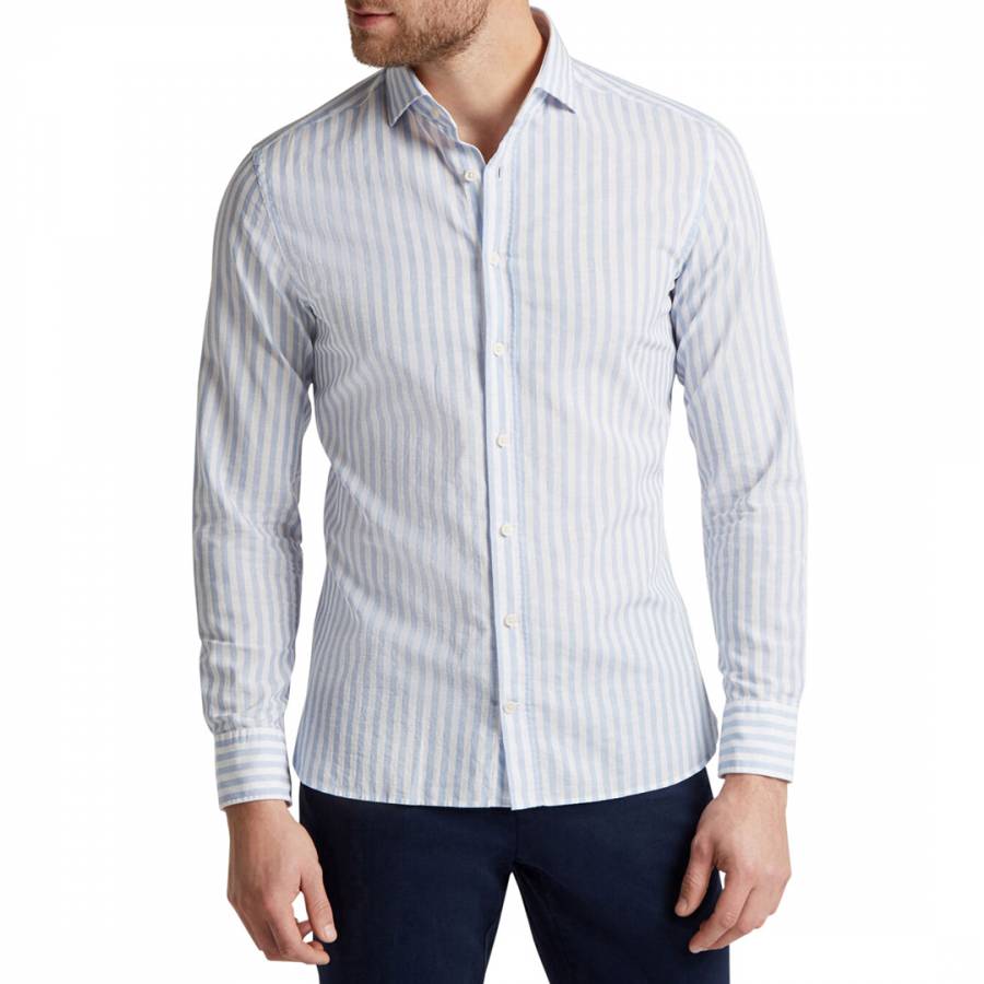 Blue Stripe Cotton Linen Slim Shirt - BrandAlley
