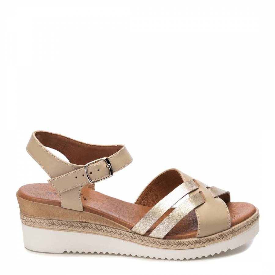 Beige and Gold Leather Wedge Sandal - BrandAlley