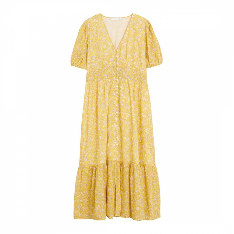 Yellow Floral Print Puff Sleeve Cotton Dress - BrandAlley