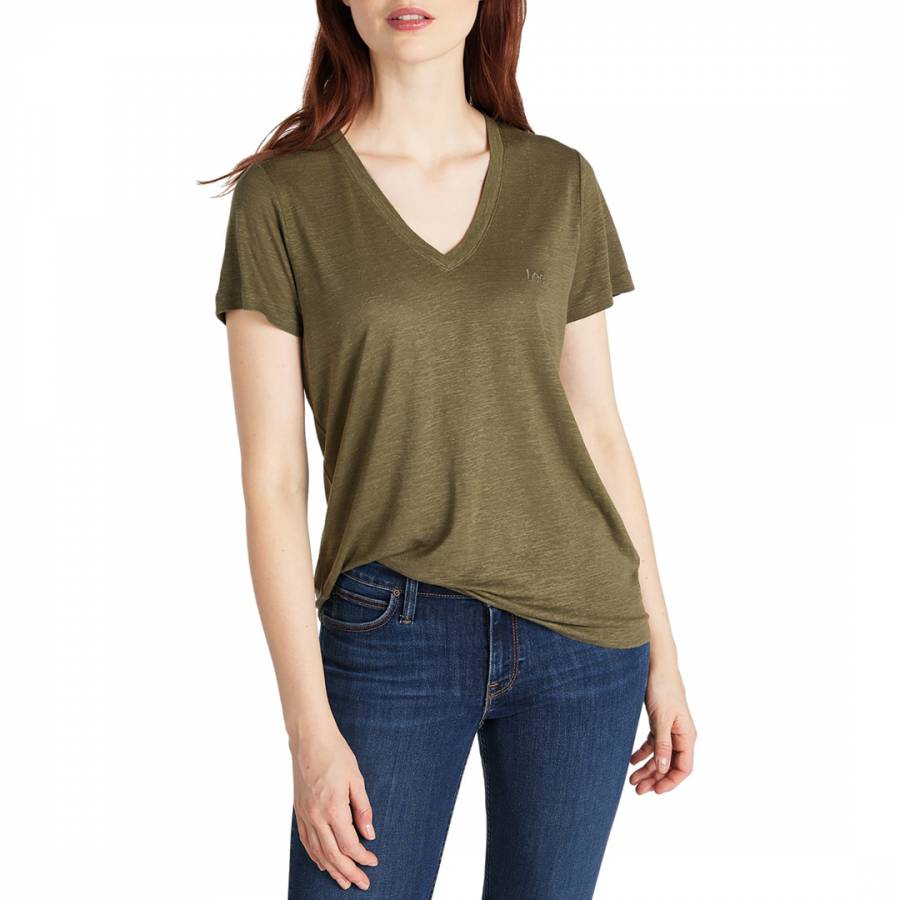 Olive Green V Neck Linen Blend T-Shirt - BrandAlley