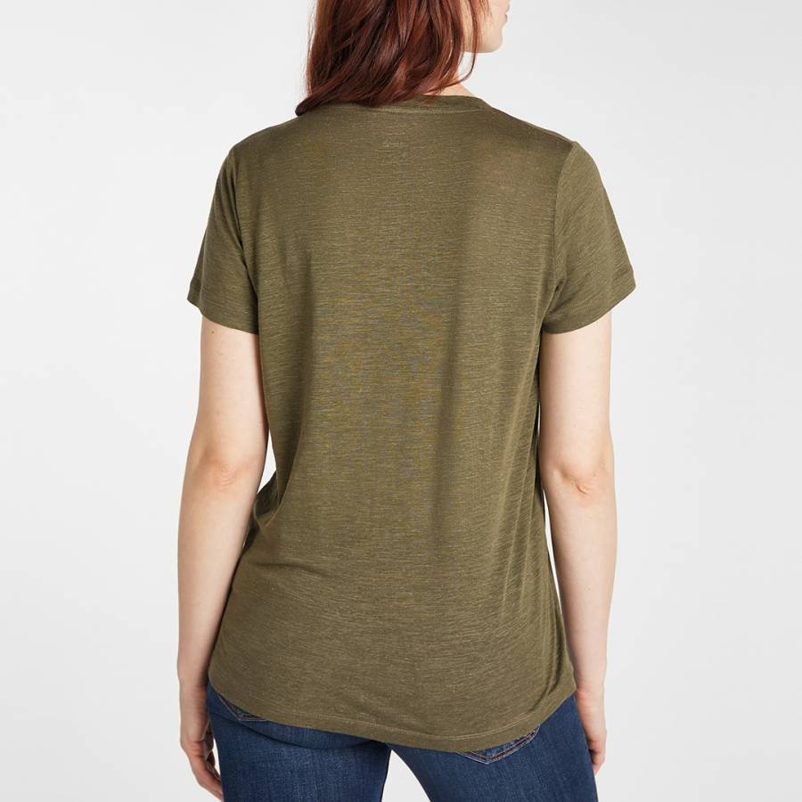 Olive Green V Neck Linen Blend T-Shirt - BrandAlley