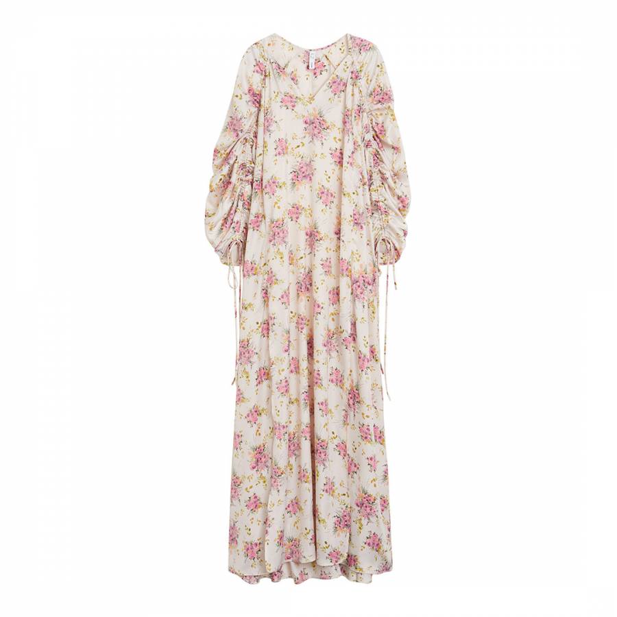 Nude Ruched Sleeve Floral Dress - BrandAlley