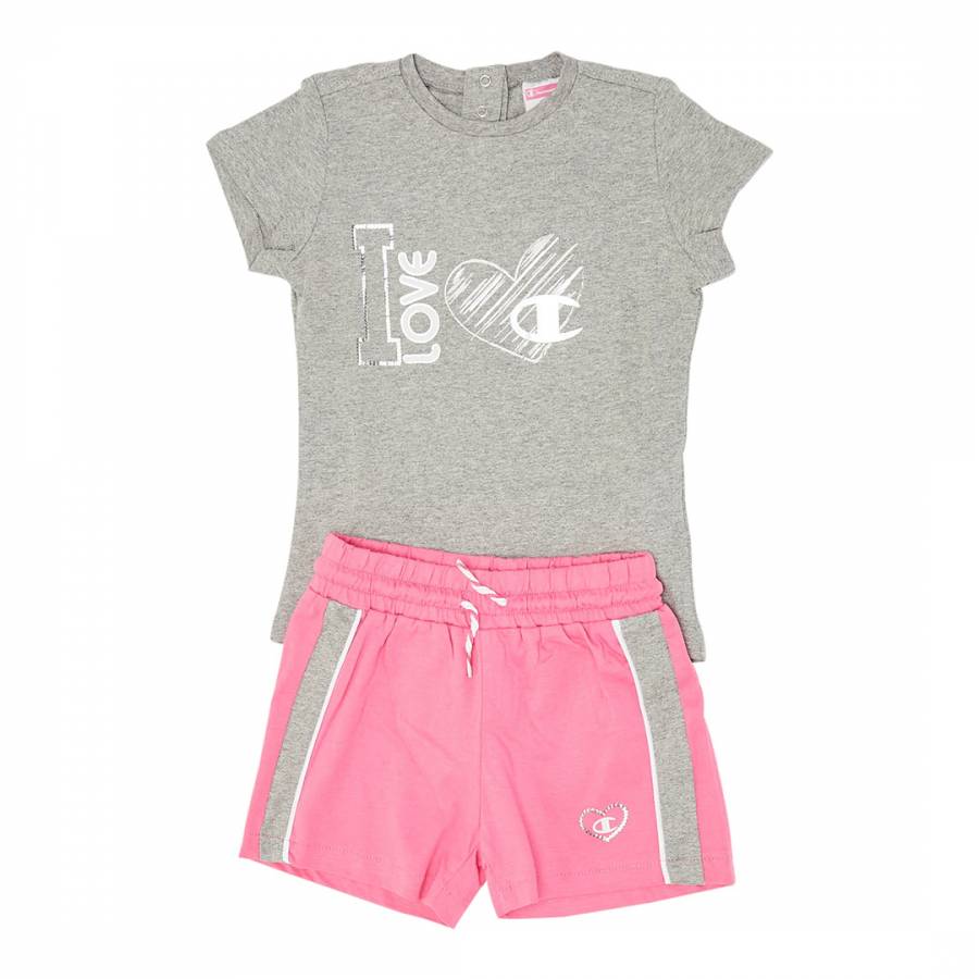 Grey/Pink Graphic T-Shirt/Shorts Set - BrandAlley