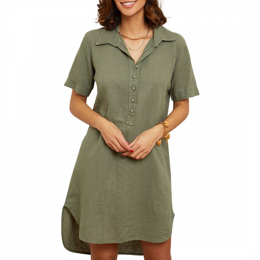 Khaki Short Sleeve Linen Shirt Dress - BrandAlley
