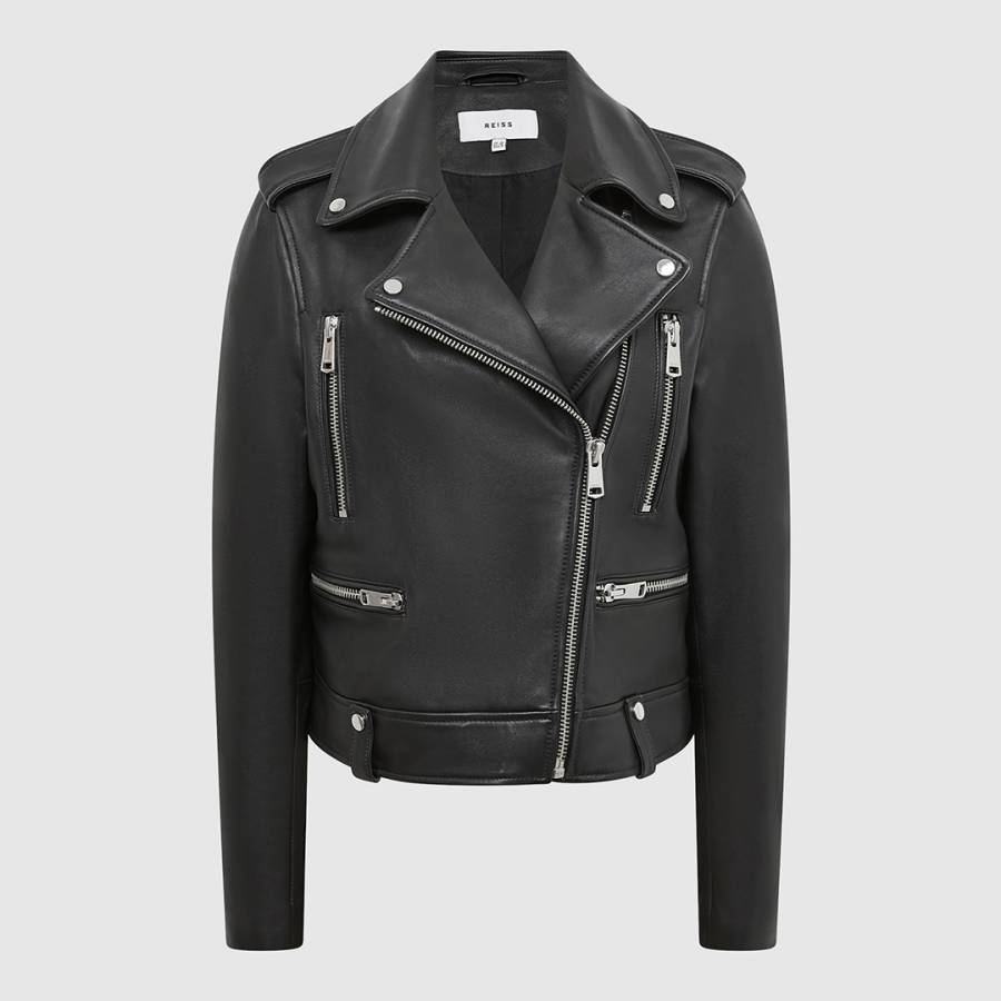Black Santiago Leather Biker Jacket - BrandAlley