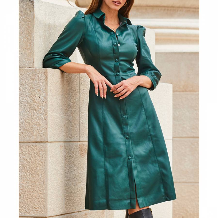 Dark Green Faux Leather Panelled Dress