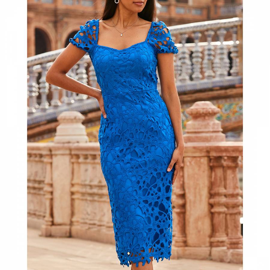 SOSANDAR Cobalt Blue Luxe Lace Detail Pencil Dress