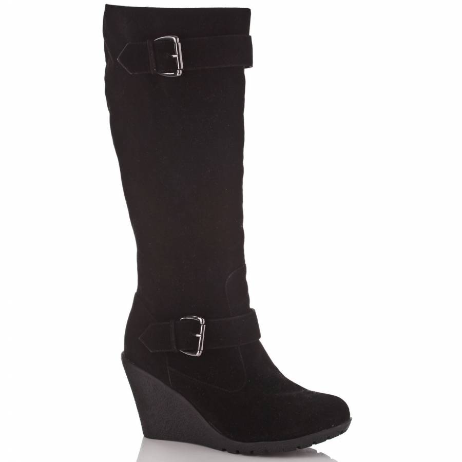 Black India Wedge Boots 8cm Heel - BrandAlley