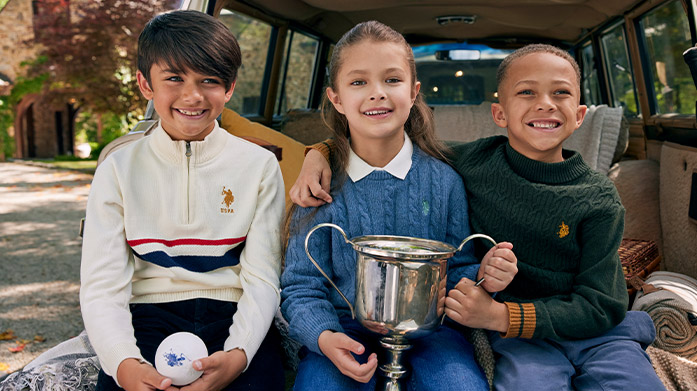 US Polo Assn Kids Invite soft fabrics, bright colours and sporty silhouettes into your child's wardrobe this winter. Find sweat sets, printed polos, warm gilets and a selection of baby accessories. Sweatshirts from £19.