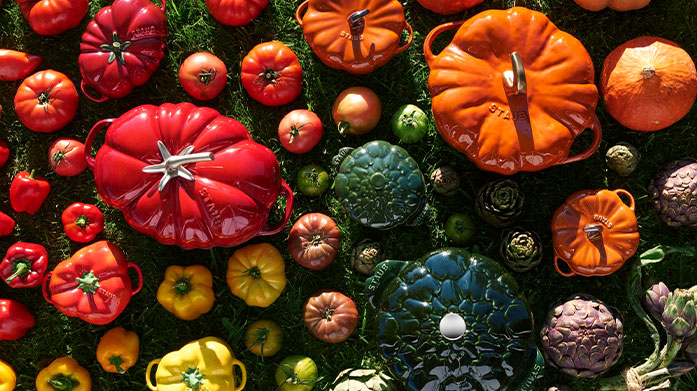 Staub: Summer Entertaining Add some charm to your dinner parties with STAUB's pumpkin pots, pepper cocottes and colourful casserole dishes.
