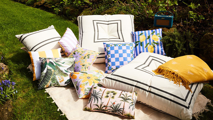 Outdoor Accessories: Cushions, Rugs & Solar Lighting Add a touch of comfort and contrast to your garden or balcony – shop outdoor rugs and cushions for a cosier space this spring.