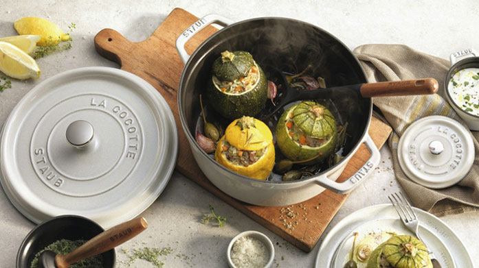 Staub: Cooking with Quality Add some charm to your dinner parties with STAUB's pumpkin pots, pepper cocottes and colourful casserole dishes.