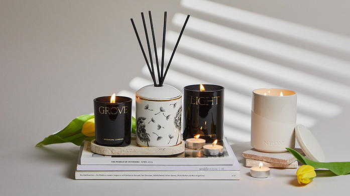 Cosy Nights In: Candles & Diffusers  From fruity to floral scents, indulge in the fragrance notes that evoke spring. Explore luxury candles and diffusers from NEOM, Sandy Bay London and Evermore London.